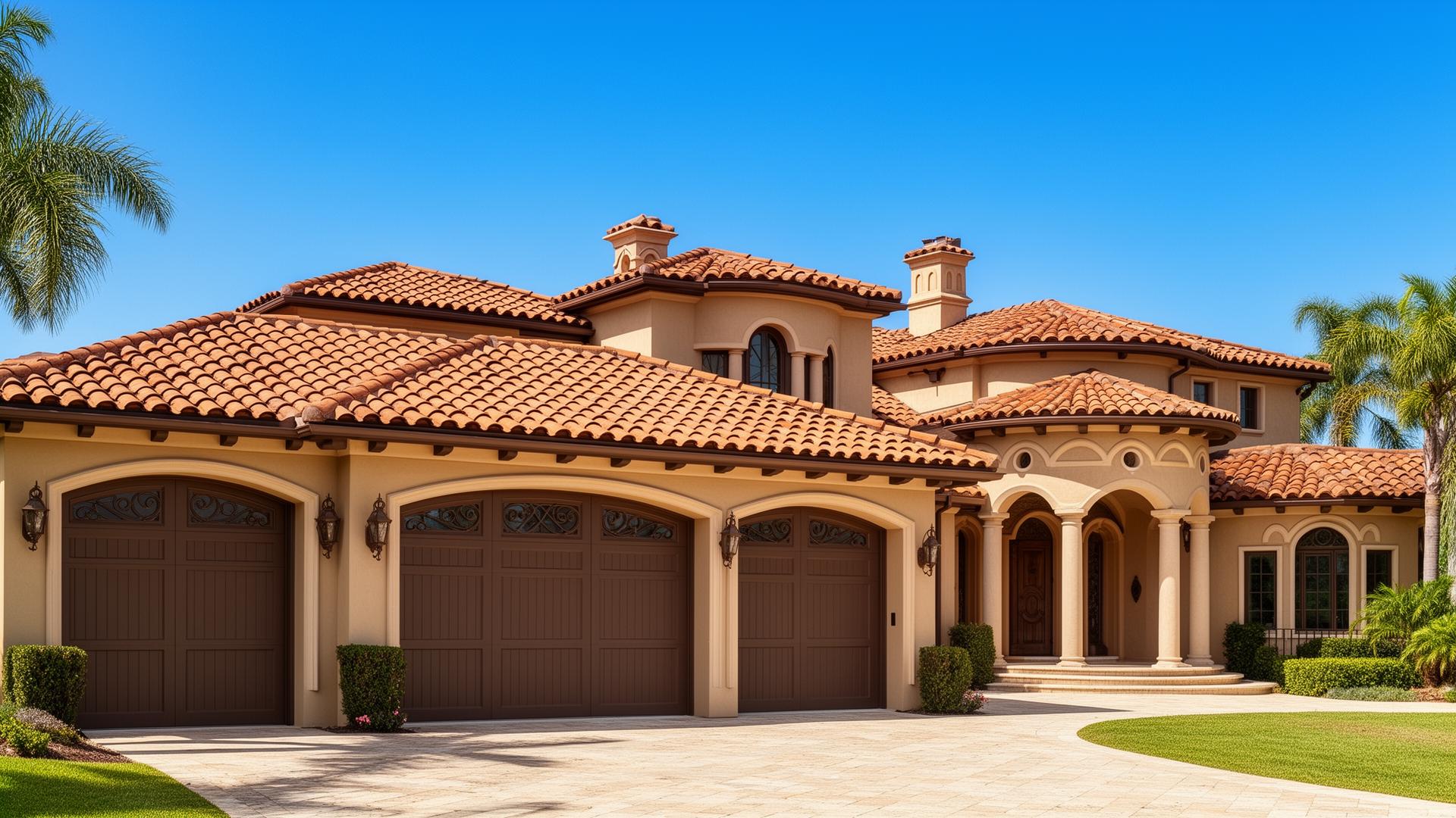 Luxury Mediterranean home with Victorian style garage doors in Waller Texas